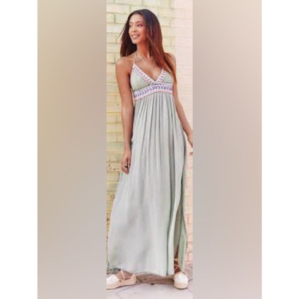 Banjara Light Olive Green Bohemian Maxi Dress with Embroidered Yoke